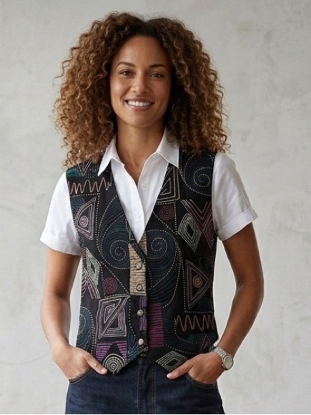 90s Vintage Clio Vest Geometric Gold Metallic Velvet Button Up Vest Puffy Paint